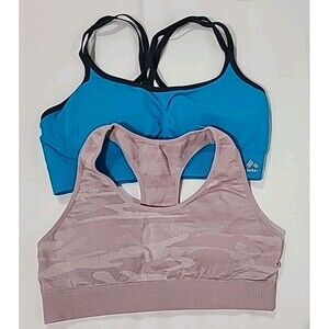 Lot 2 Reebok Strappy Mesh Stretch Sports Bras Teal Gray & Pink Mauve Camo Size L
